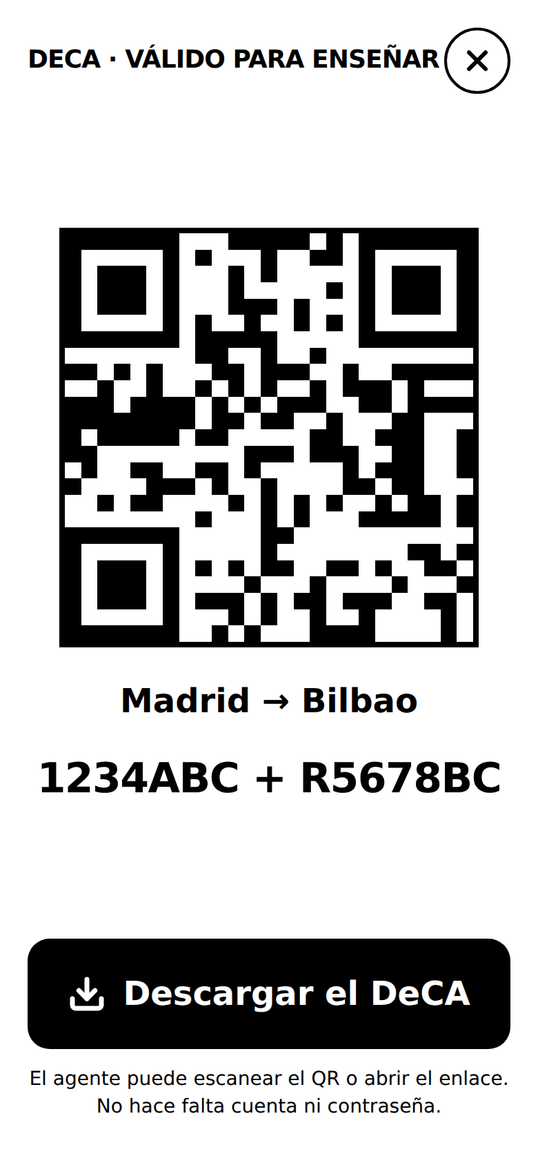 Modo cabina de DeCAbina: el QR del documento a pantalla completa, la ruta, las matrículas y el botón de descarga.